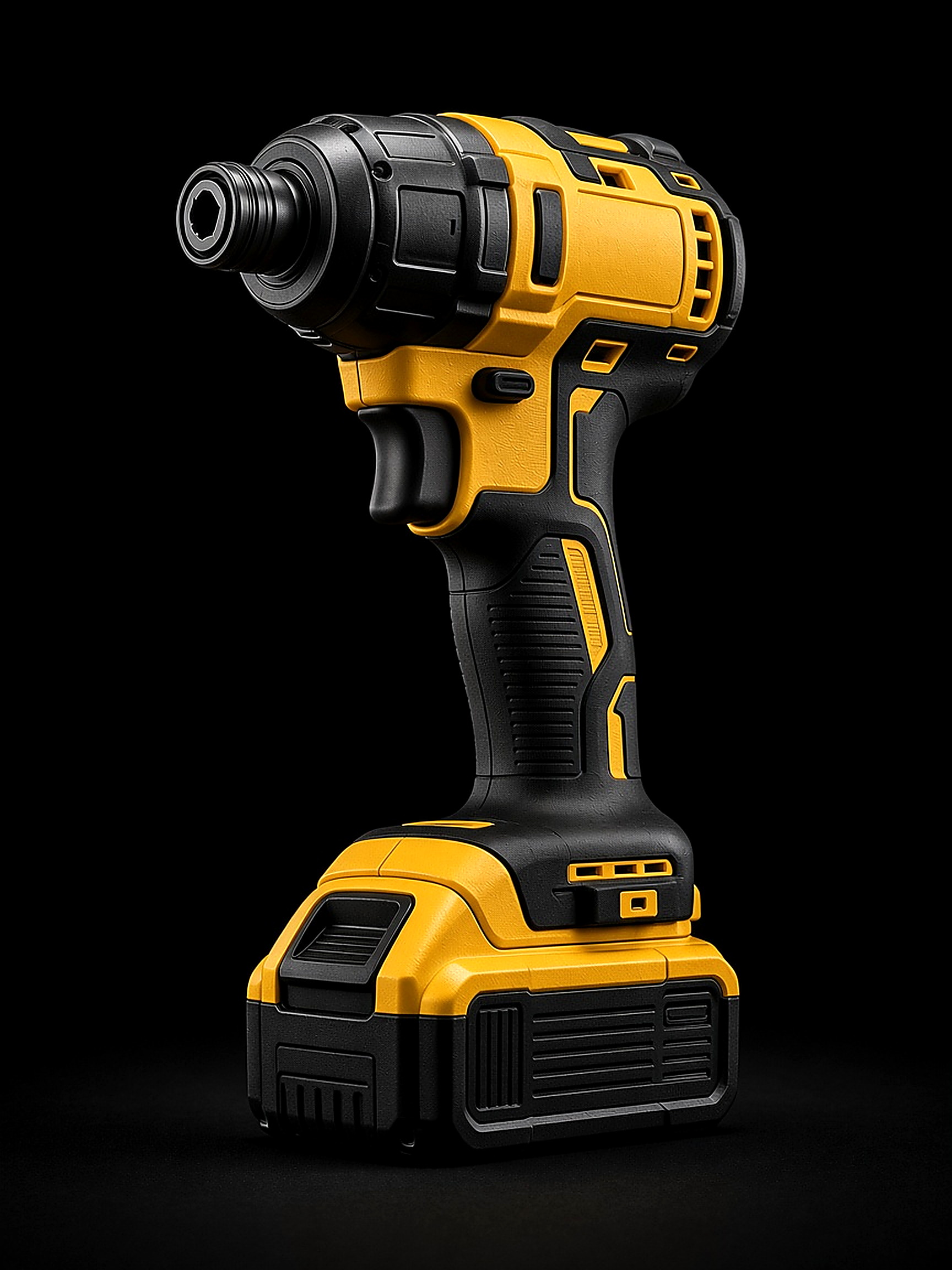 Yellow and black cordless impact driver standing upright
